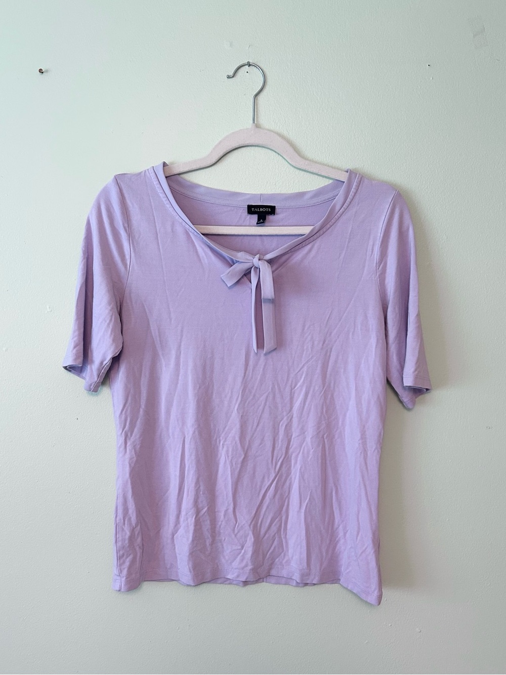 Talbots Lavender Purple Chiffon Bow Tie Front Short Sleeve Soft Blouse Sz Small